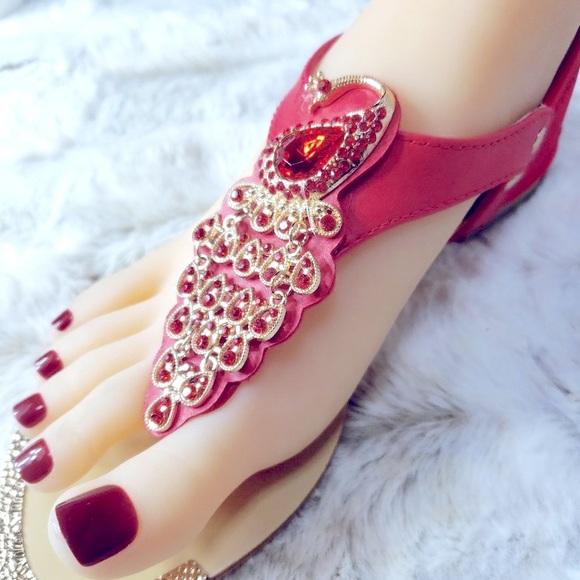 Red Rhinestone Peacock Toe Strap Sandals - Picture 11 of 15